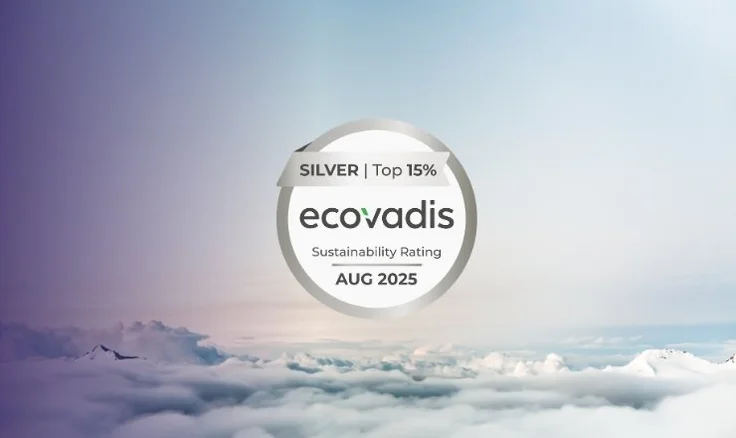 Mersen Silver EcoVadis Medal on a light background with the sky and clouds